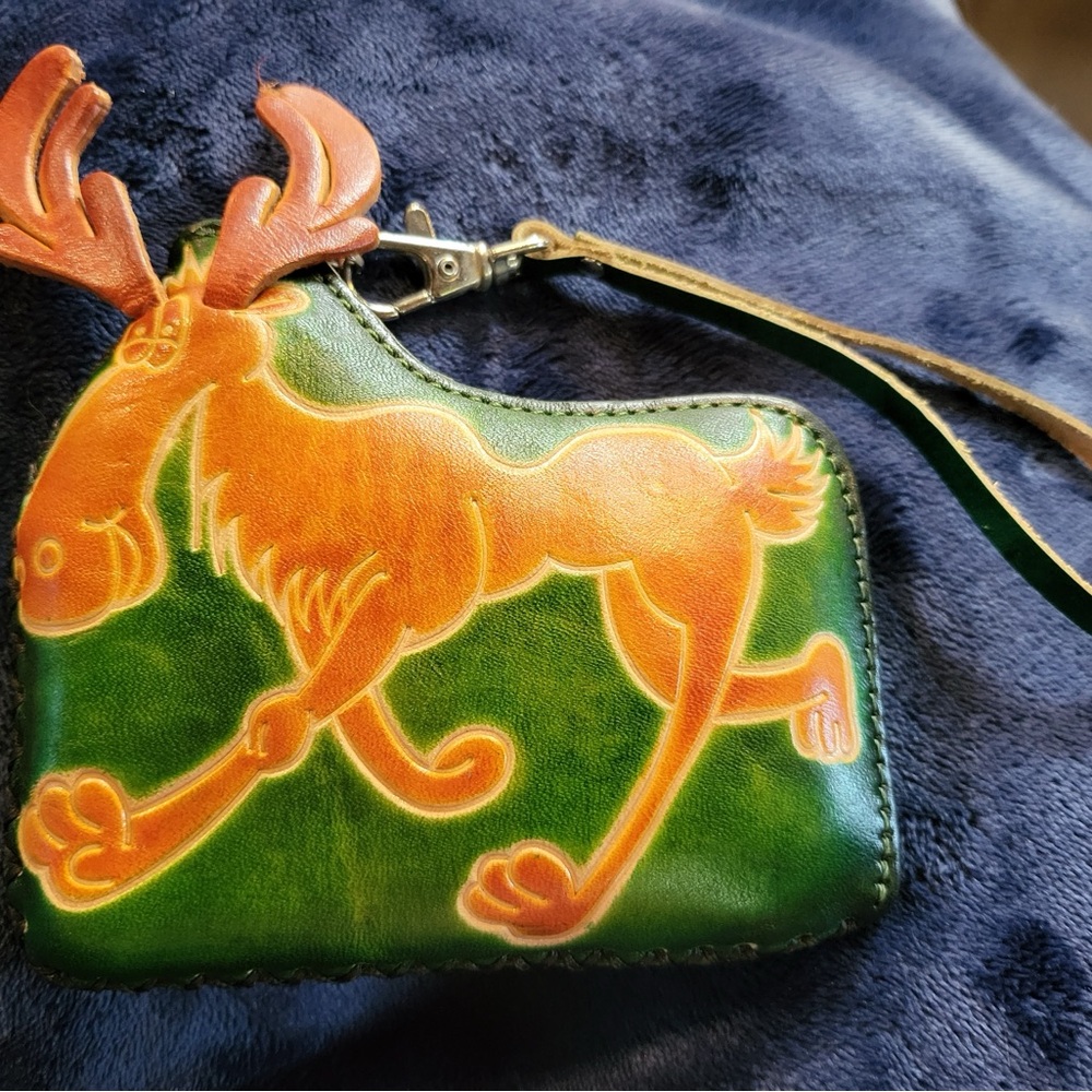 Genuine Leather Green and Orange Moose Wristlet NWT